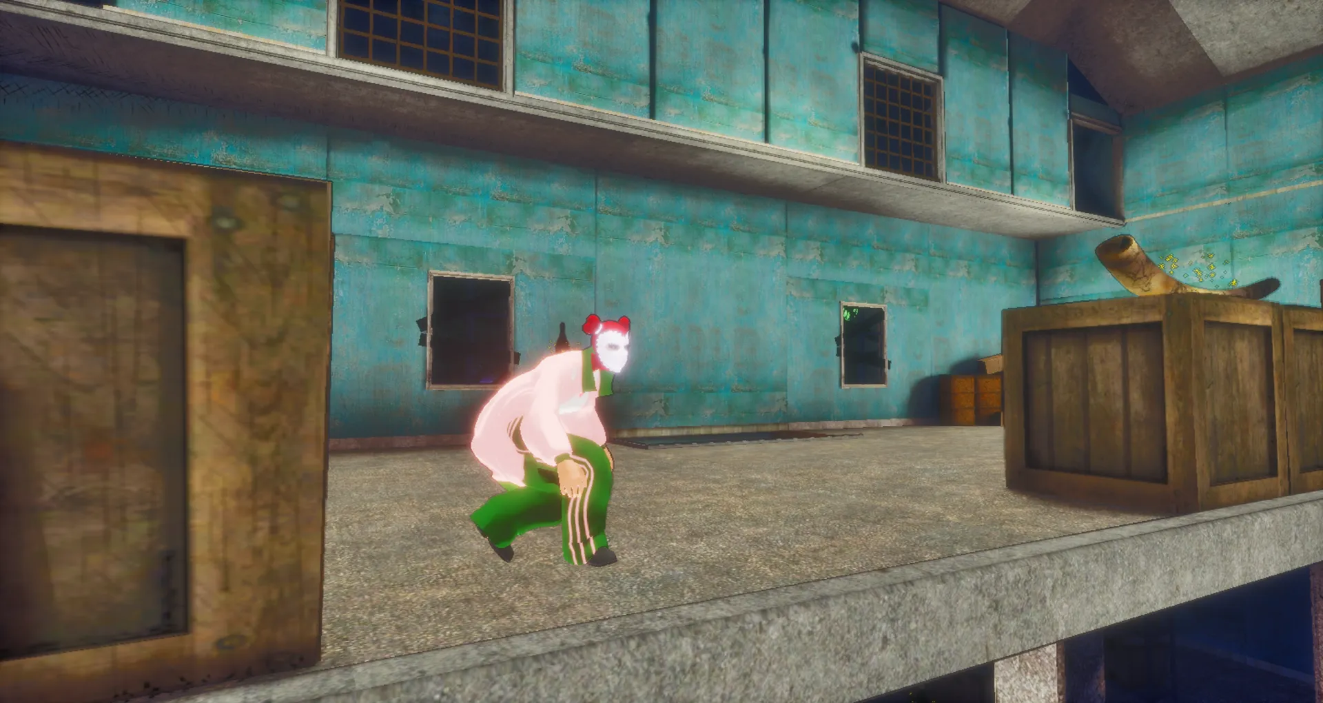 A thief sneaking through a warehouse